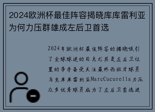 2024欧洲杯最佳阵容揭晓库库雷利亚为何力压群雄成左后卫首选