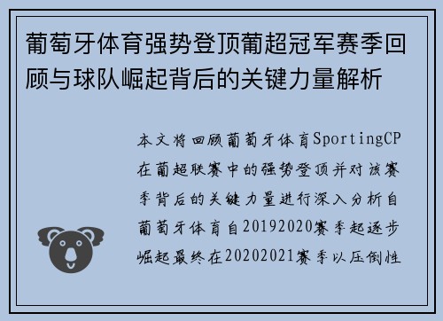 葡萄牙体育强势登顶葡超冠军赛季回顾与球队崛起背后的关键力量解析